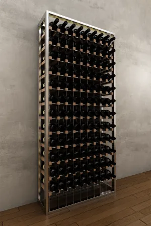 108 bottle BUOYANT® free standing cable wine rack with chrome frame and red oak cradles