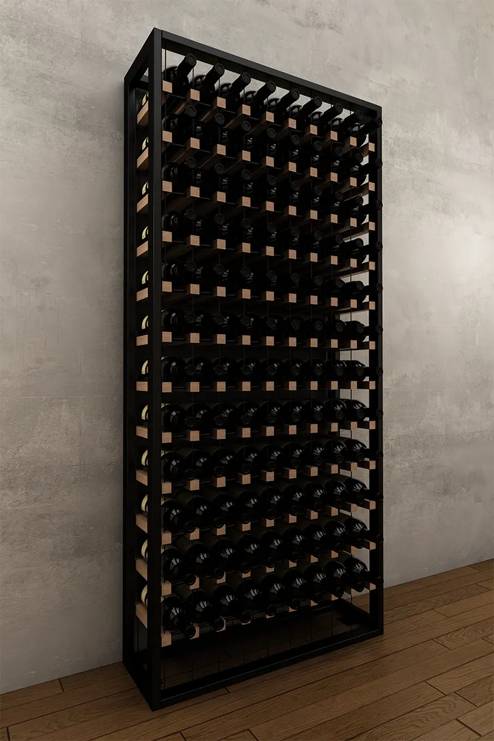108 bottle BUOYANT® free standing cable wine rack with matte black frame and red oak cradles