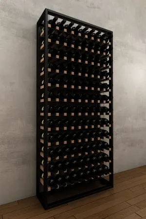 108 bottle BUOYANT® free standing cable wine rack with matte black frame and red oak cradles