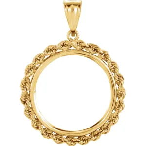 14k Yellow Gold 22x1.8mm Tab Back 2.5mm Solid Rope Coin Frame Pendant for 1/4 Ounce American Eagle, 1/4 Ounce South African Rand, or 1/4 Ounce Chinese Panda
