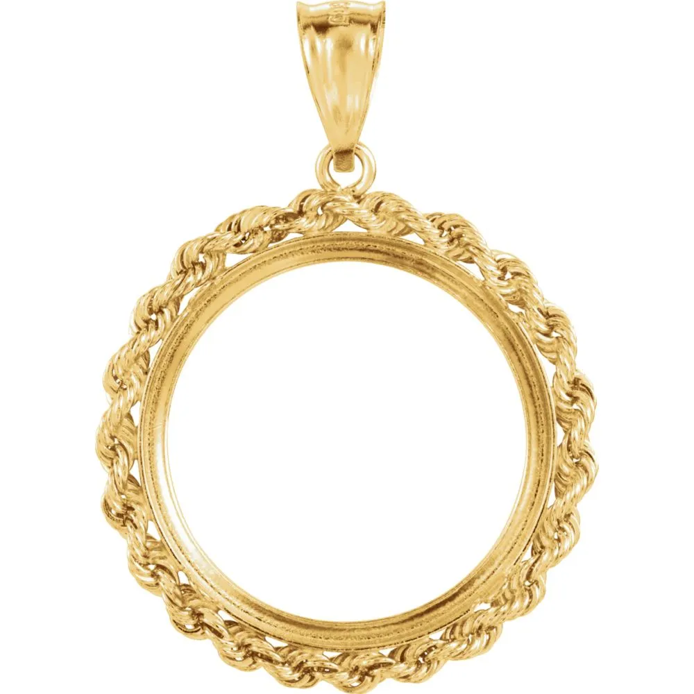 14k Yellow Gold 22x1.8mm Tab Back 2.5mm Solid Rope Coin Frame Pendant for 1/4 Ounce American Eagle, 1/4 Ounce South African Rand, or 1/4 Ounce Chinese Panda