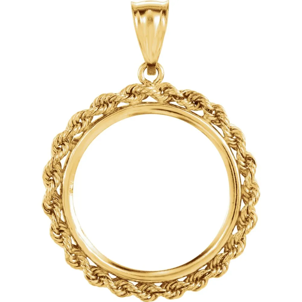 14k Yellow Gold 22x1.8mm Tab Back 2.5mm Solid Rope Coin Frame Pendant for 1/4 Ounce American Eagle, 1/4 Ounce South African Rand, or 1/4 Ounce Chinese Panda