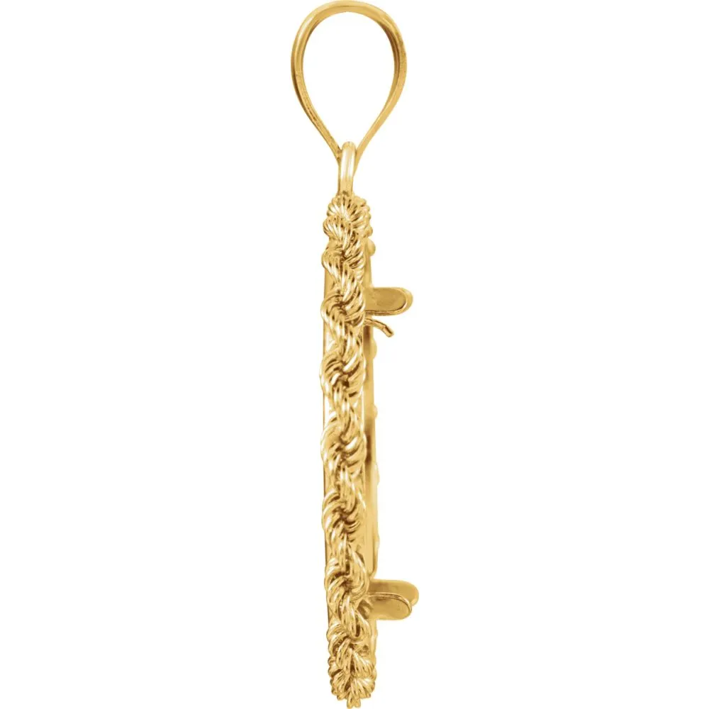 14k Yellow Gold 22x1.8mm Tab Back 2.5mm Solid Rope Coin Frame Pendant for 1/4 Ounce American Eagle, 1/4 Ounce South African Rand, or 1/4 Ounce Chinese Panda