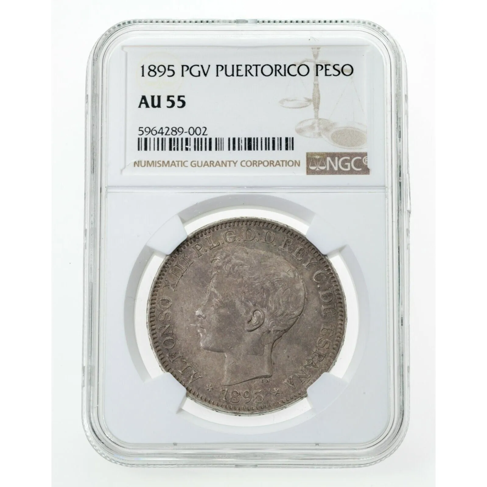 1895 PGV Puerto Rico Peso Silver Coin Graded AU-55 By NGC KM# 24