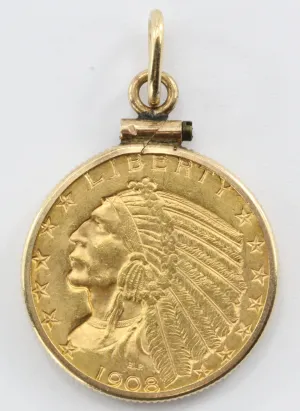 1908 US Indian Head Gold Five Dollar Half Eagle Coin In 14k Gold Bezel