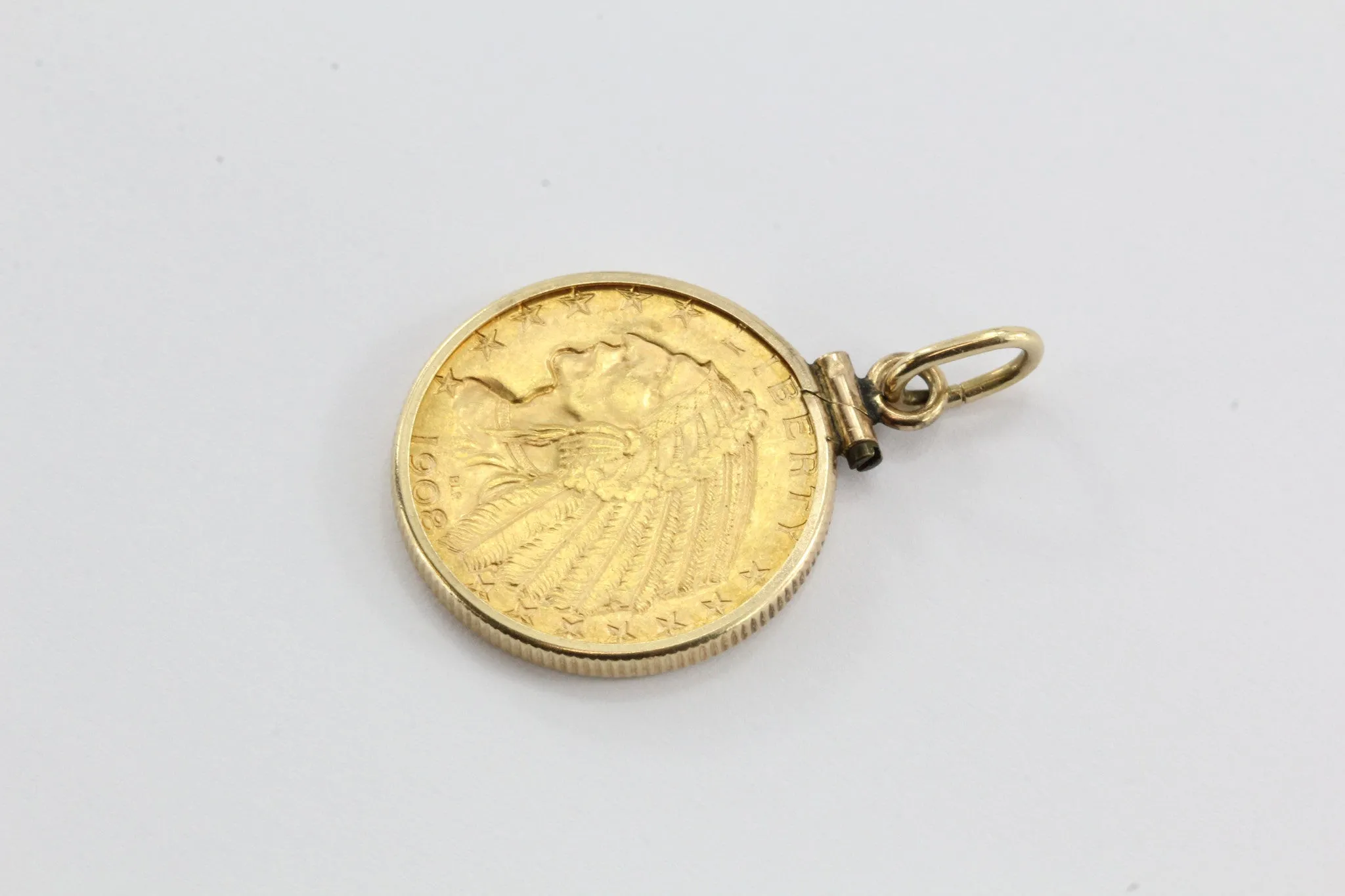1908 US Indian Head Gold Five Dollar Half Eagle Coin In 14k Gold Bezel