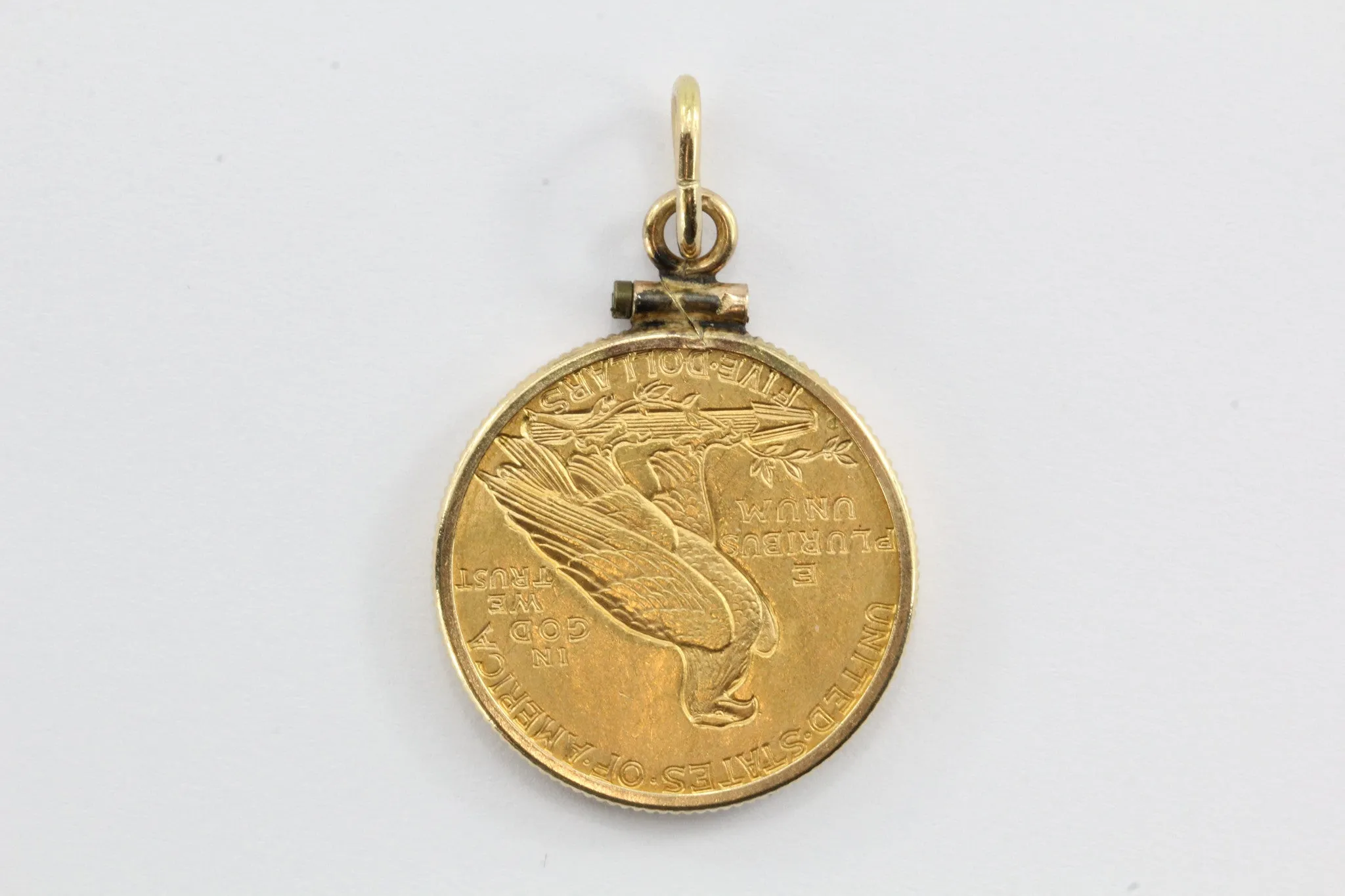 1908 US Indian Head Gold Five Dollar Half Eagle Coin In 14k Gold Bezel