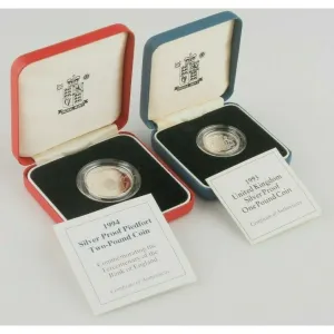 1993-1994 Great Britain One Pound & Two Pound Silver Proof & Piedfort Coin Lot