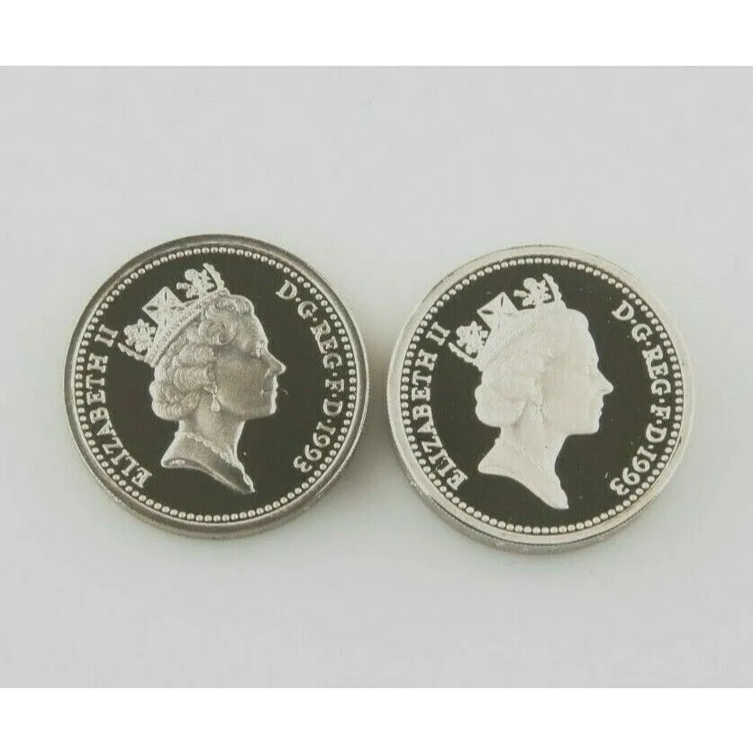 1993 Great Britain One Pound Two Coin Set In Silver Proof & Piedfort w/ Cases