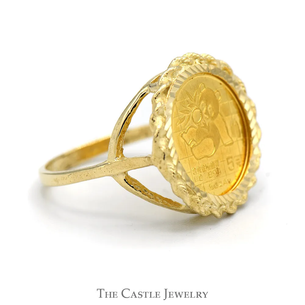 24K Gold 1989 Panda Coin Ring in 14k Yellow Gold Rope Designed Bezel Mount