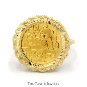 24K Gold 1989 Panda Coin Ring in 14k Yellow Gold Rope Designed Bezel Mount