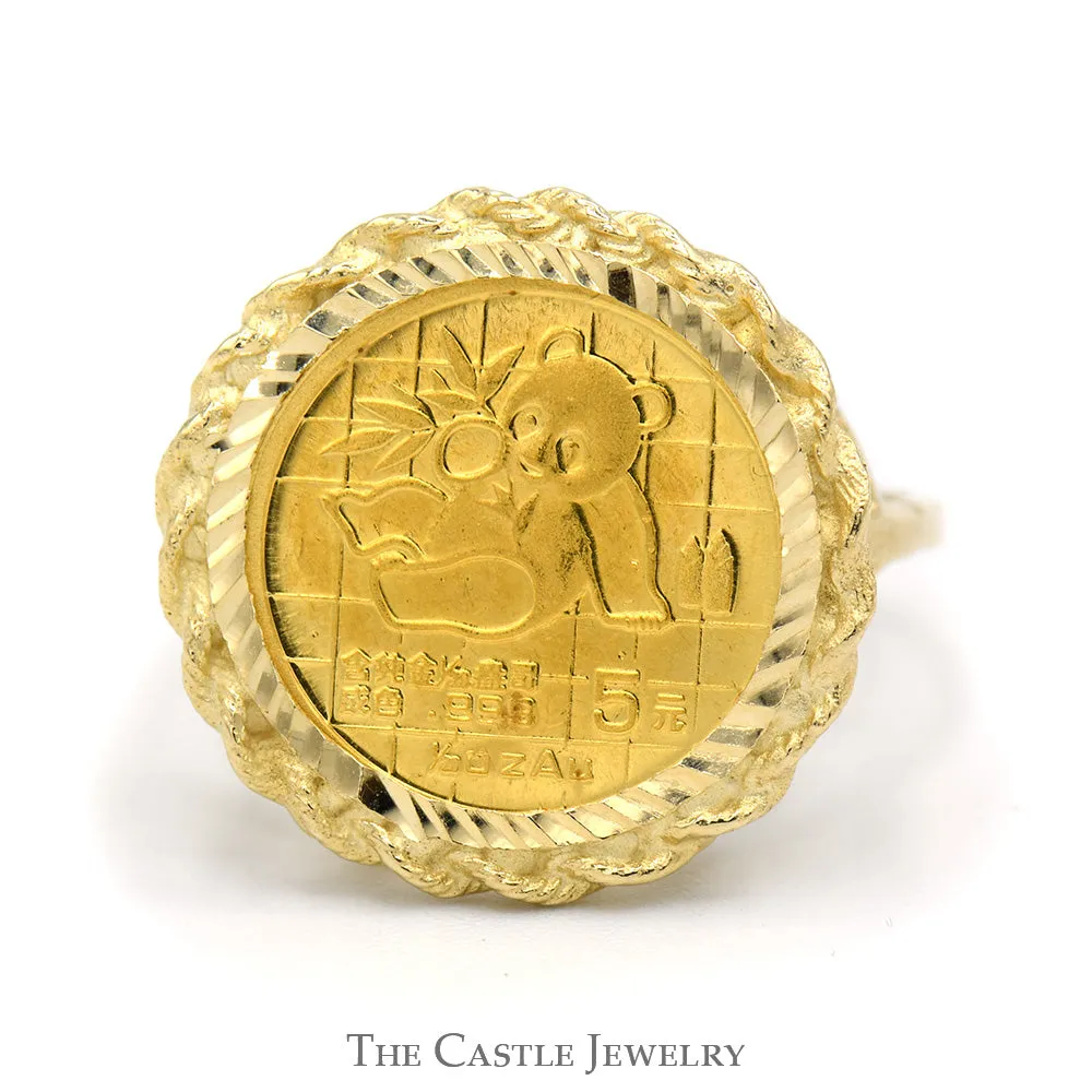 24K Gold 1989 Panda Coin Ring in 14k Yellow Gold Rope Designed Bezel Mount