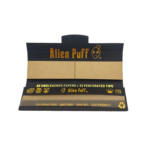 33 Alien Puff Black & Gold King Size Unbleached Brown Rolling Papers   Tips