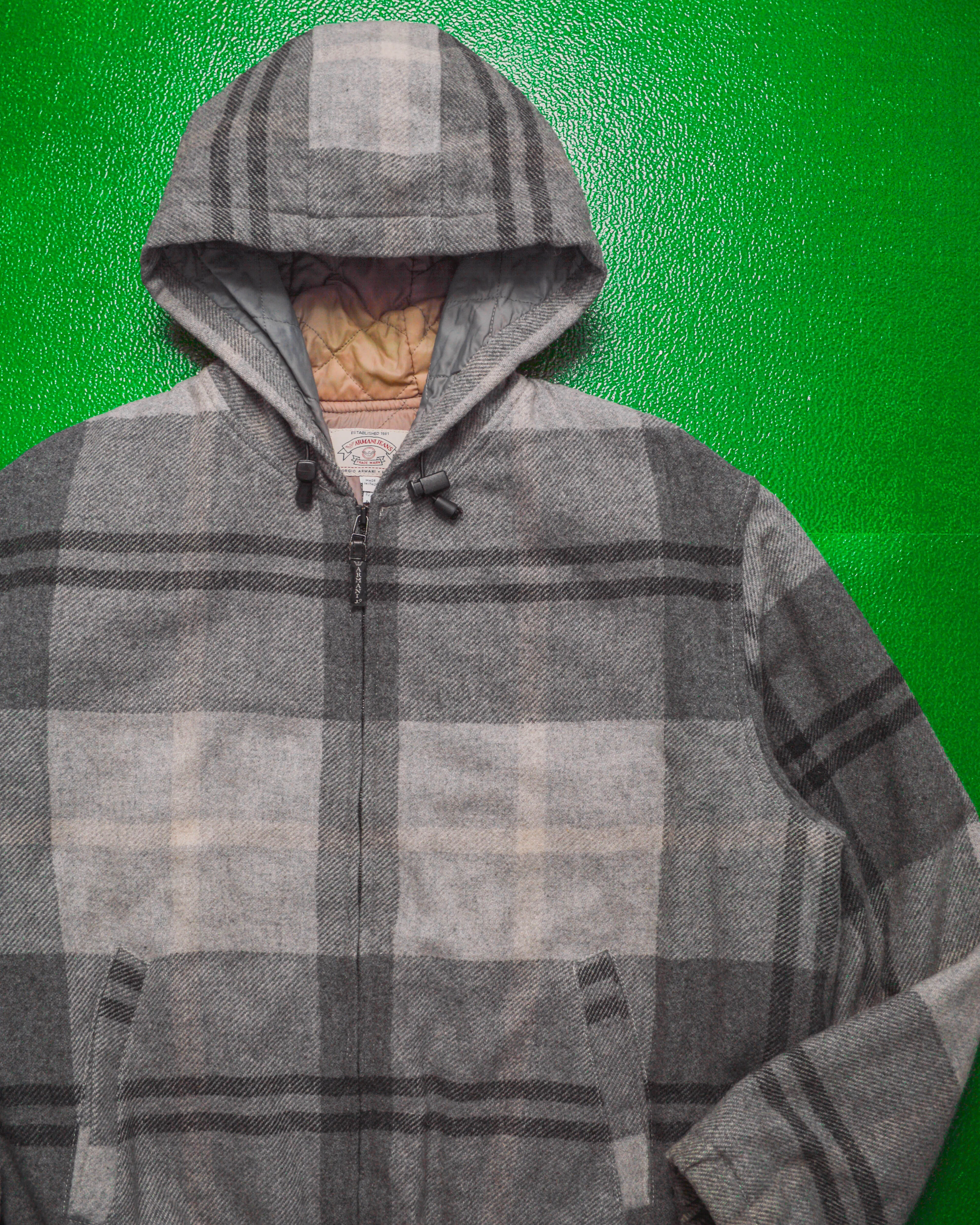 90s Wool/ Mohair Grey Scale Plaid Quilted Zip Up Jacket (M~L)
