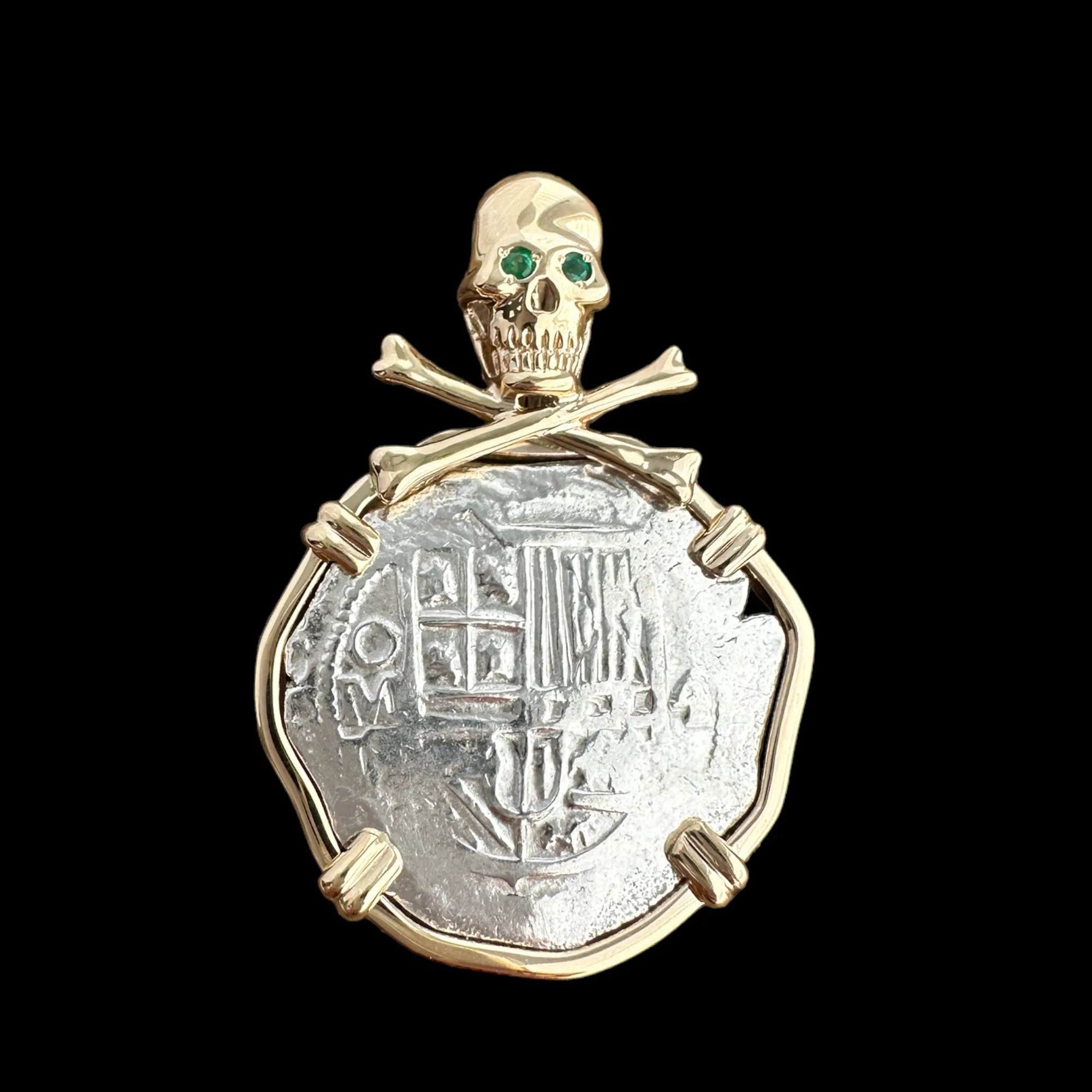 Authentic Sao Jose Grade 2, 4 Reales mounted in 14K Gold Skull Mount