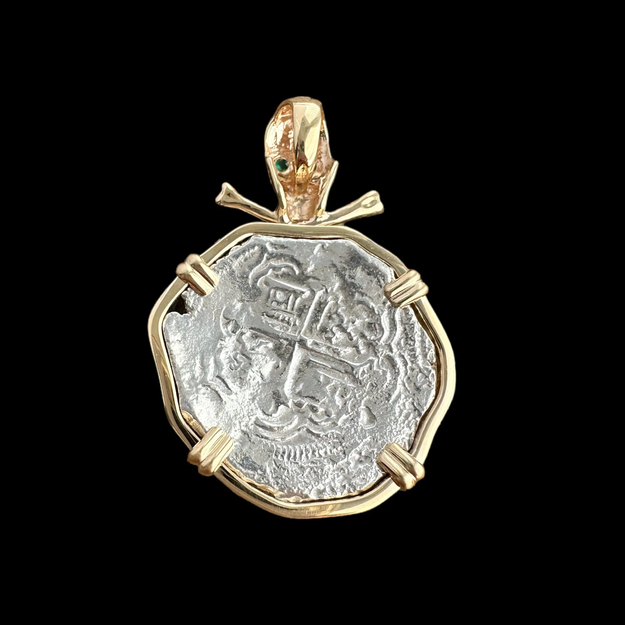 Authentic Sao Jose Grade 2, 4 Reales mounted in 14K Gold Skull Mount