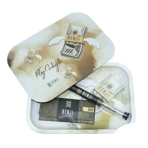 Benji Metal Tray With Magnetic Lid   Pre-Rolled Cones   Rolling Papers Kit