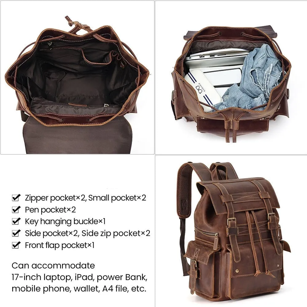 Benton Laptop Backpack Rucksack, Crazy Horse Leather, Brown, 17 inches