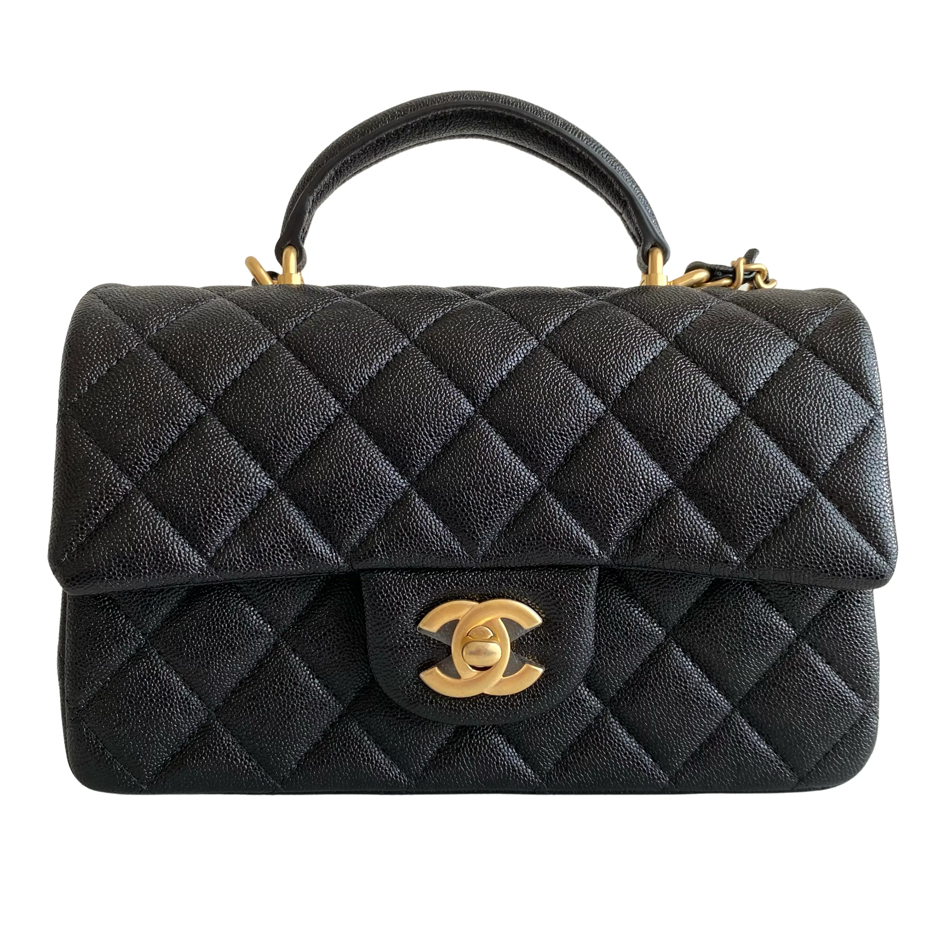 Black Caviar Quilted Mini Top Handle Rectangular Flap