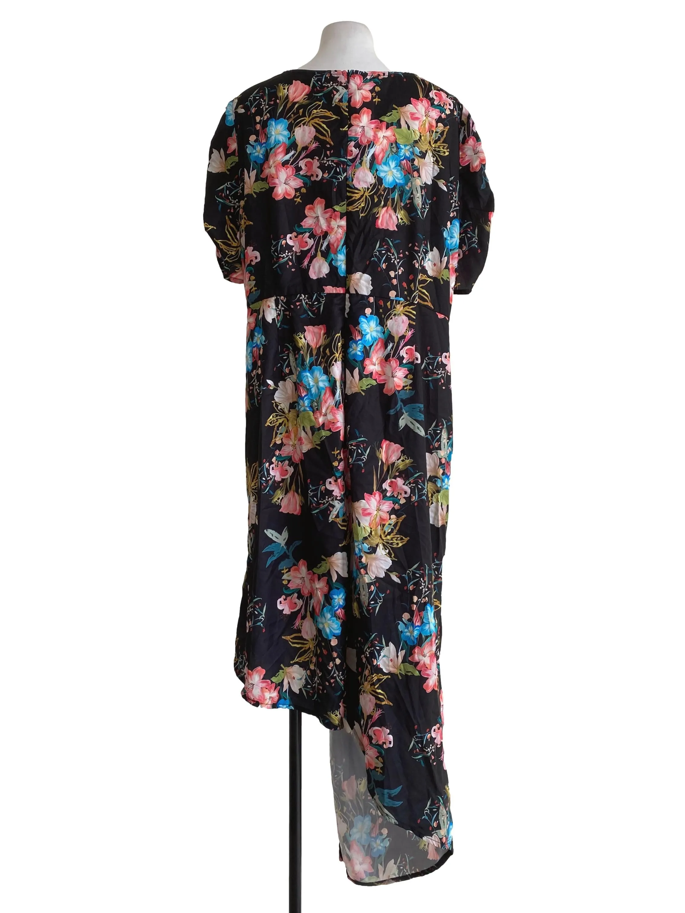 Black Floral Asymmetrical Drawstring Dress