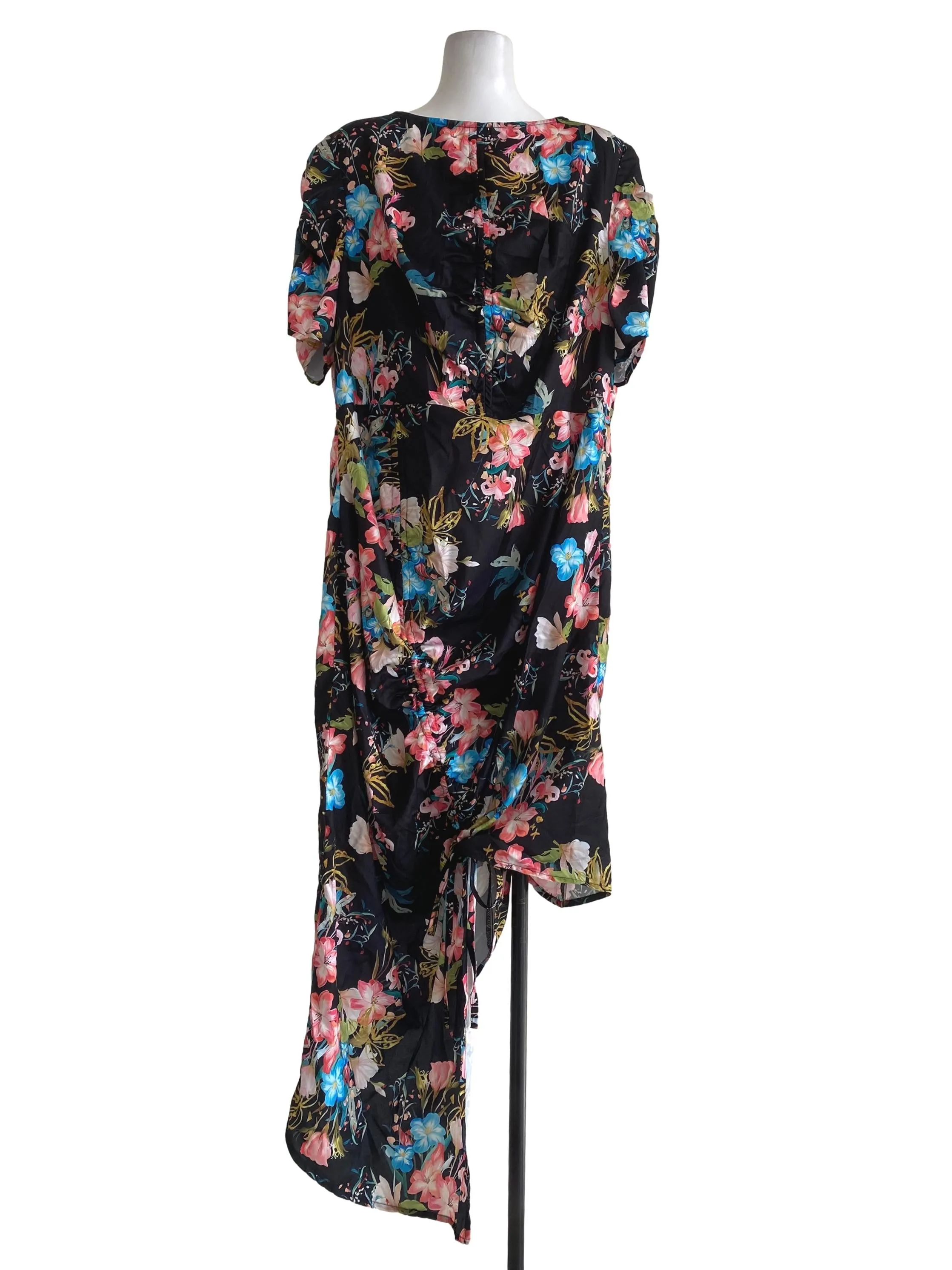 Black Floral Asymmetrical Drawstring Dress