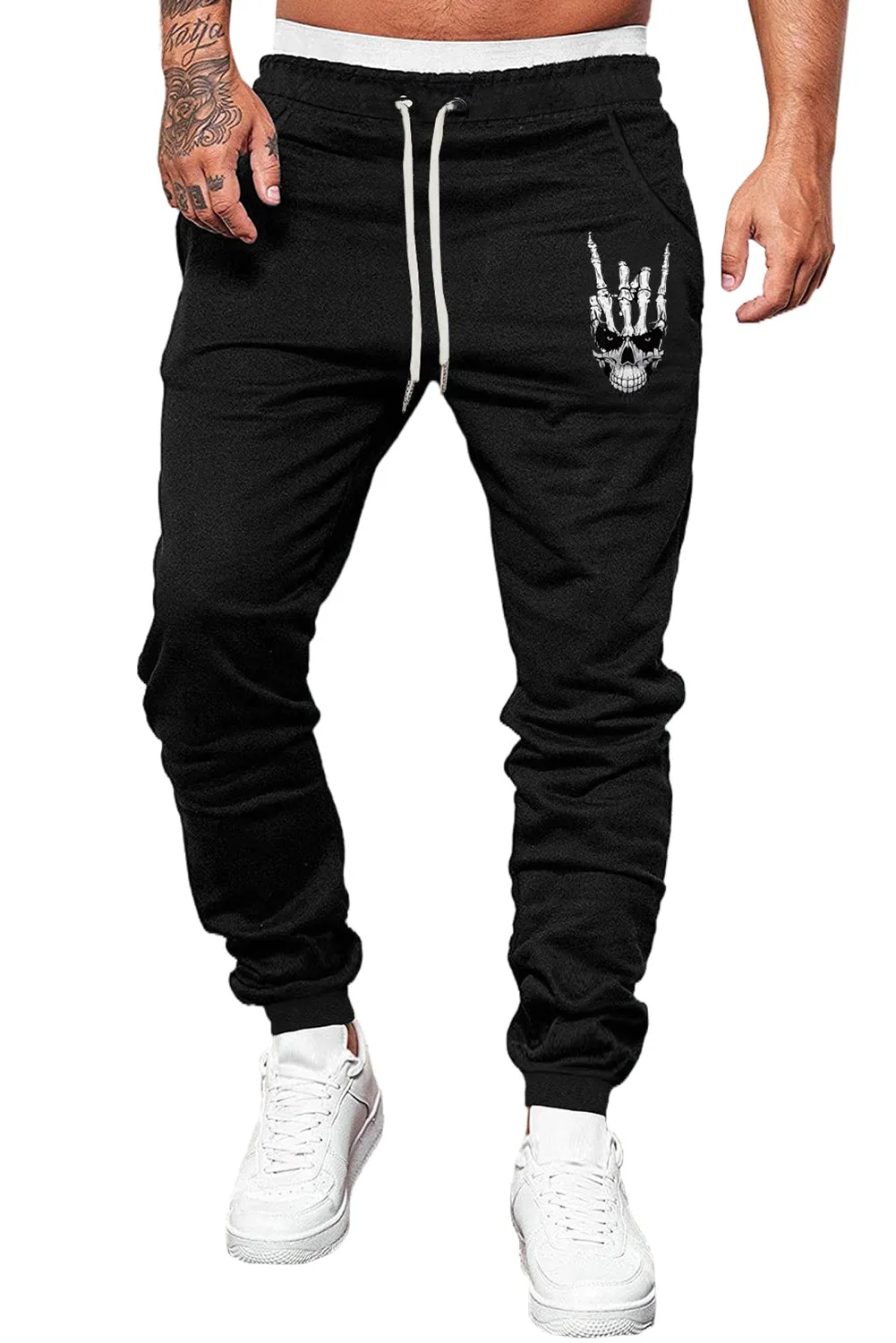 Black Skull Skeleton Print Drawstring Pockets Men's Sweatpants