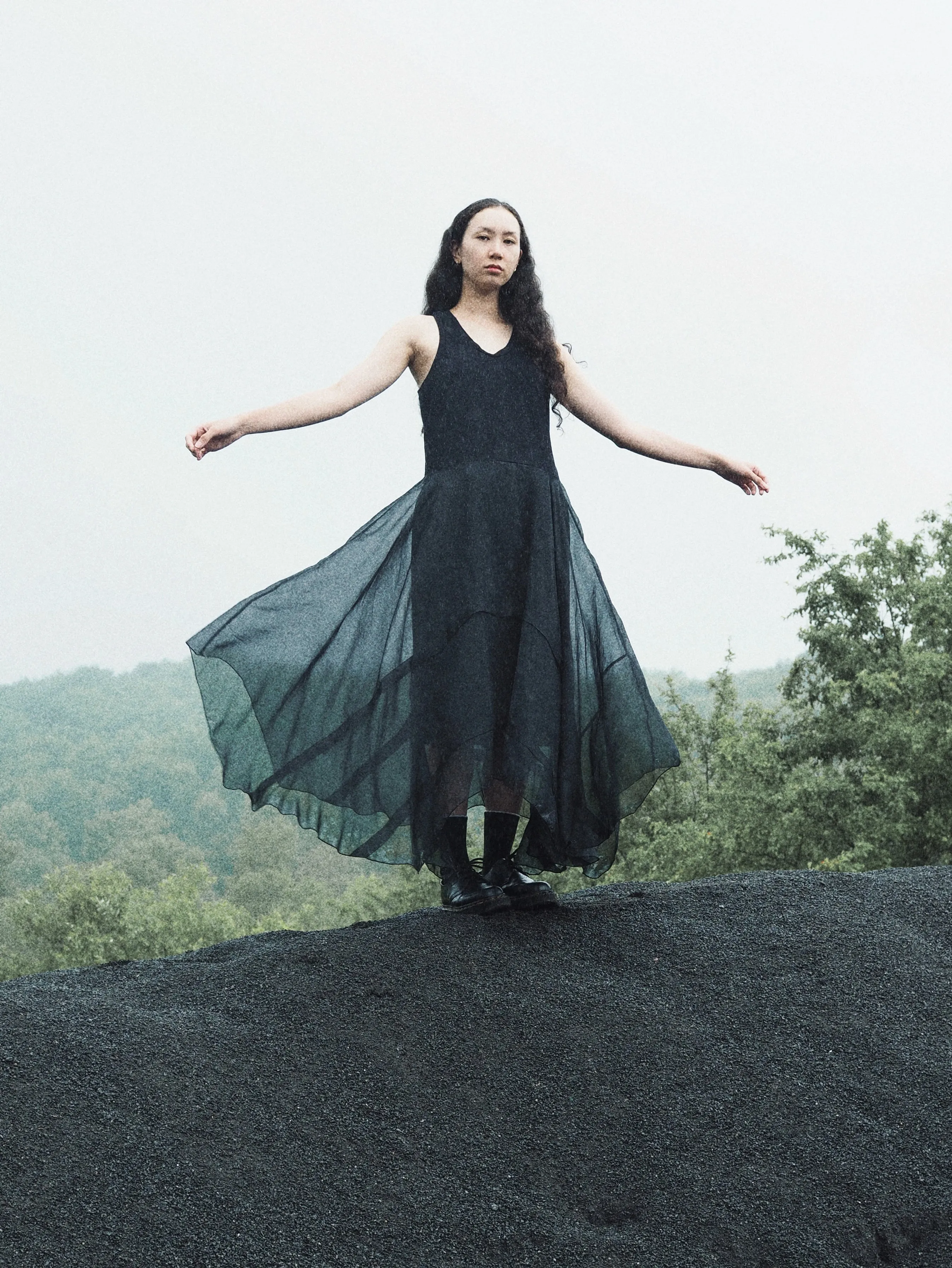 black tank slip dress with organza pin tucked skirt