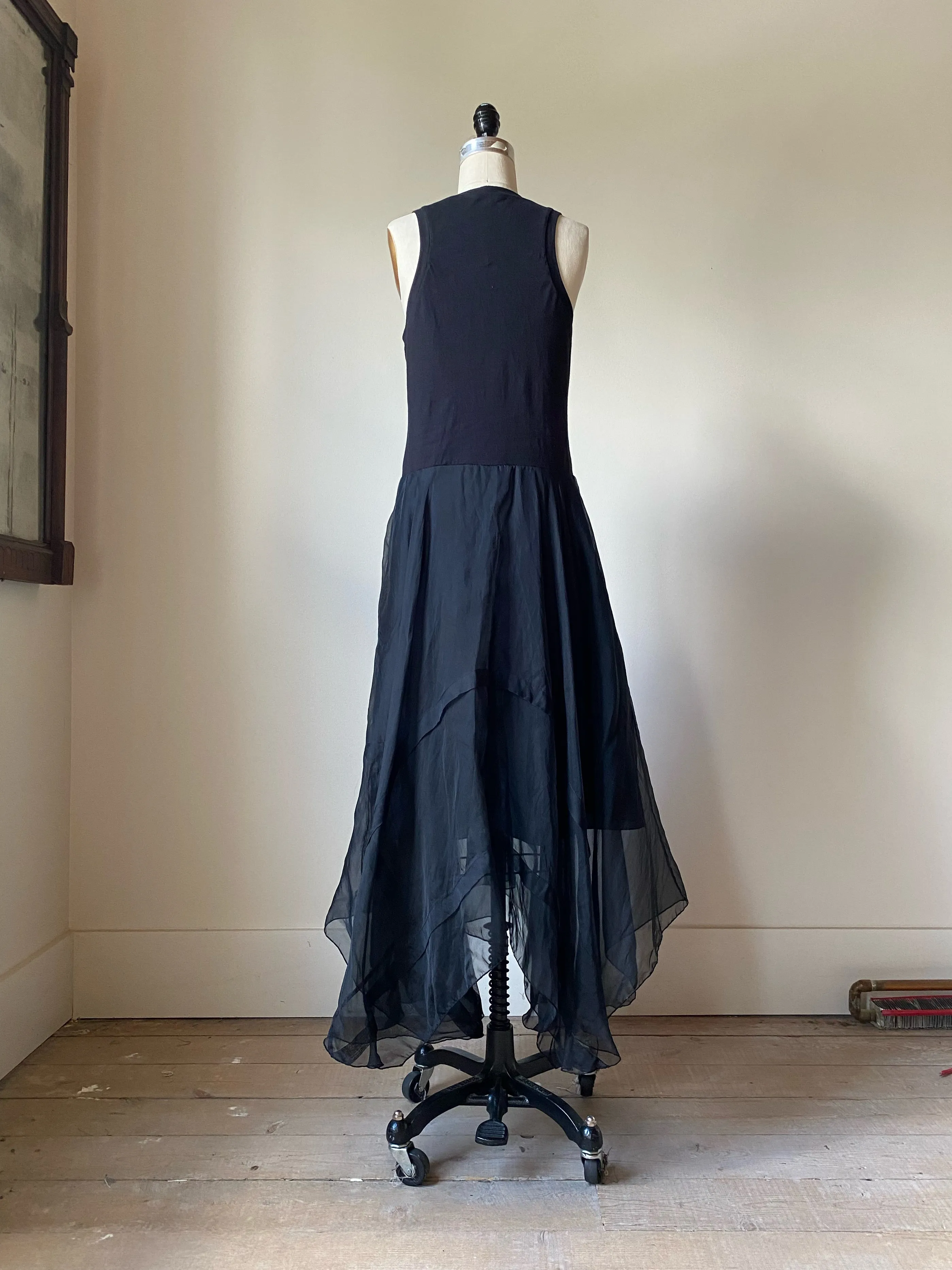 black tank slip dress with organza pin tucked skirt