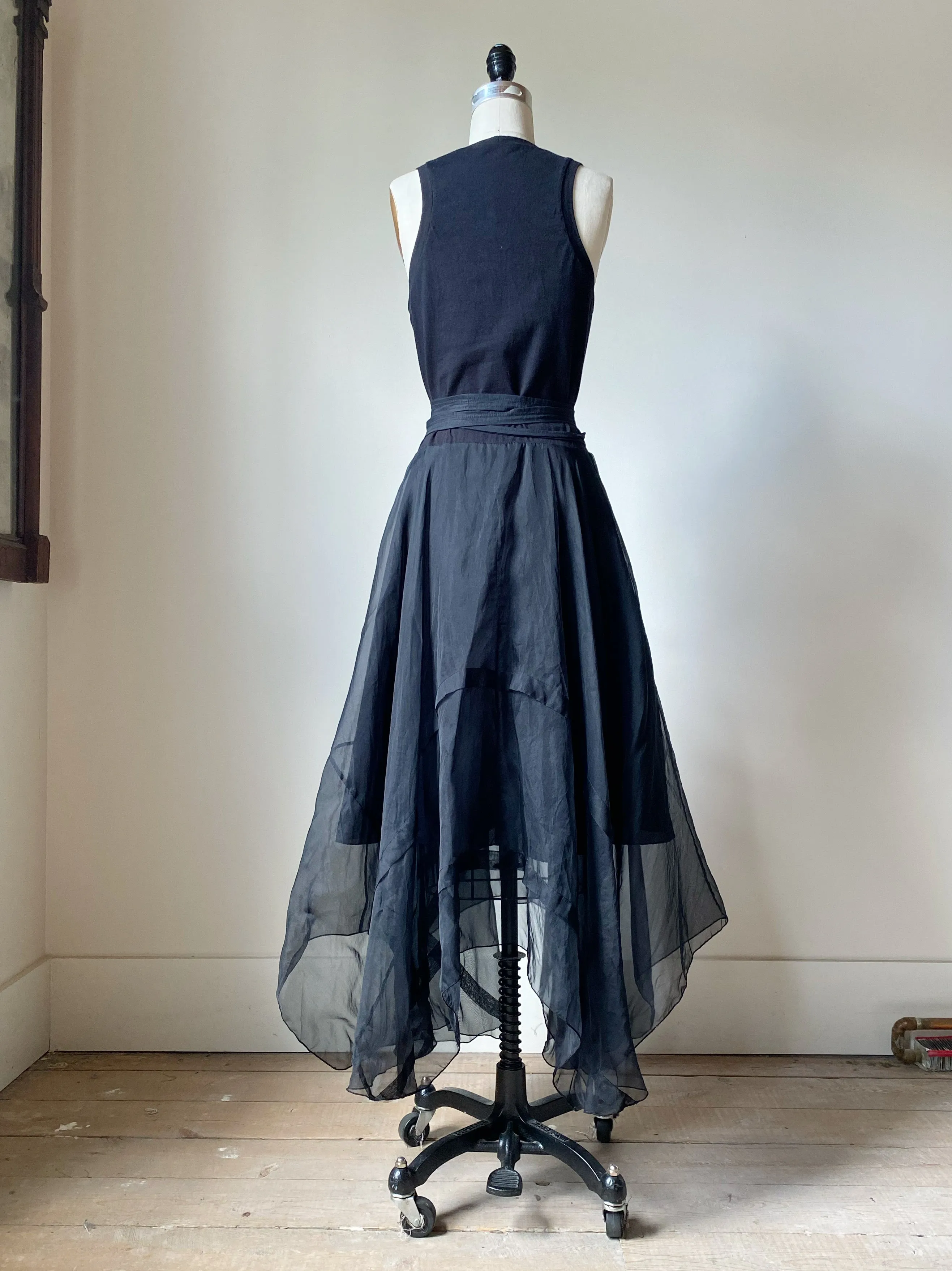 black tank slip dress with organza pin tucked skirt