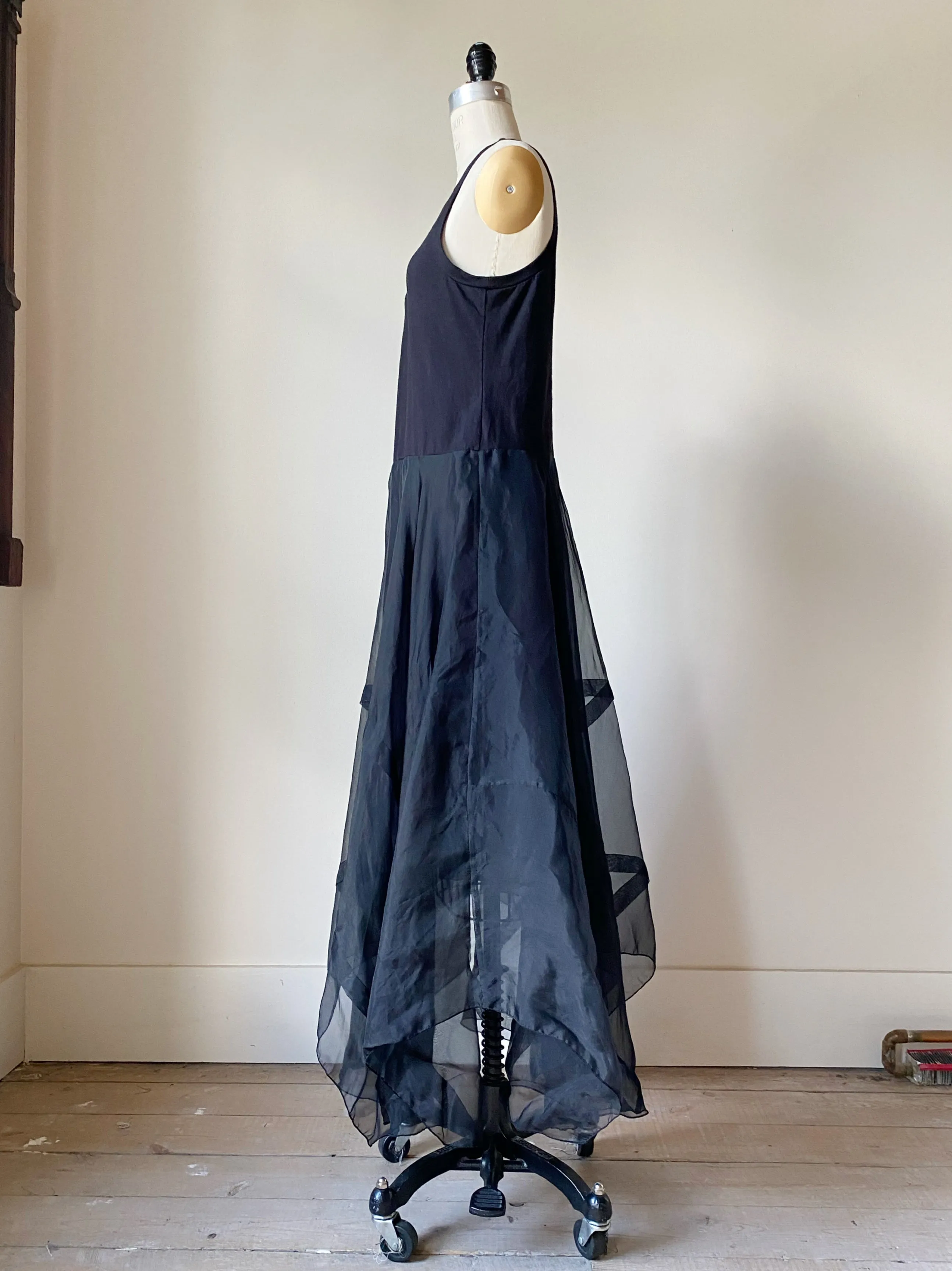 black tank slip dress with organza pin tucked skirt