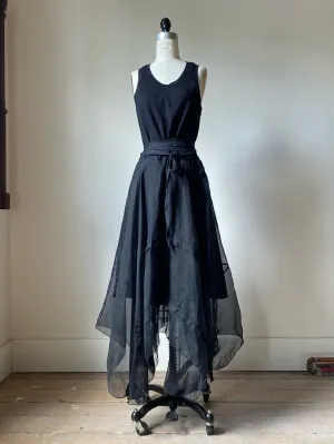 black tank slip dress with organza pin tucked skirt