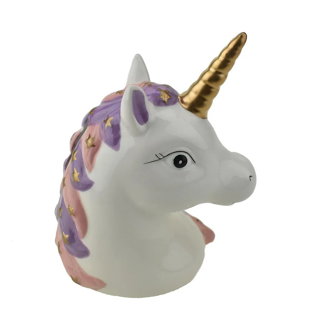 Ceramic Starry Unicorn Head Coin Bank, 6-1/2-Inch