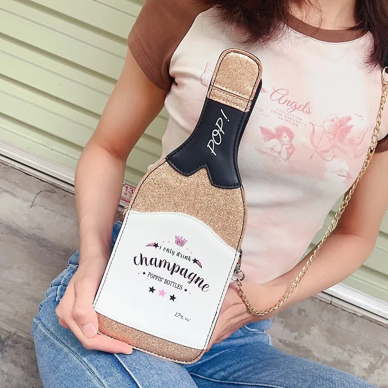 Champagne Bottle Sequin Clutch with Chain Strap