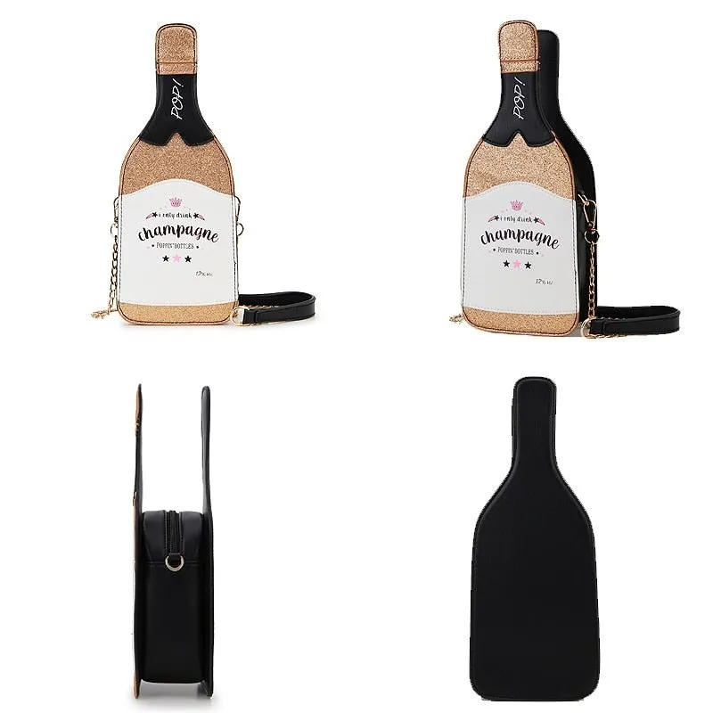 Champagne Bottle Sequin Clutch with Chain Strap