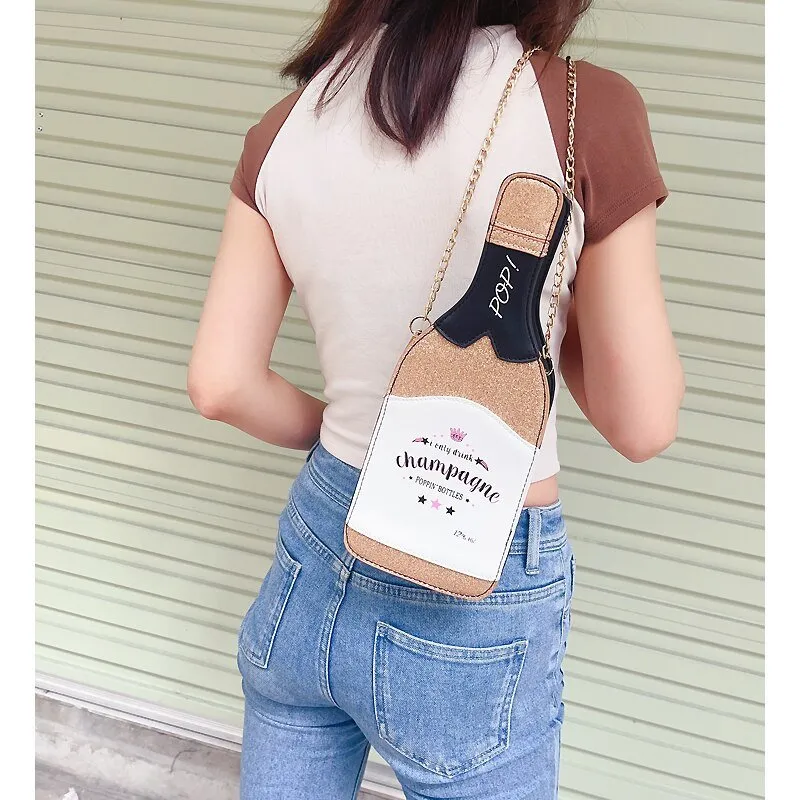 Champagne Bottle Sequin Clutch with Chain Strap