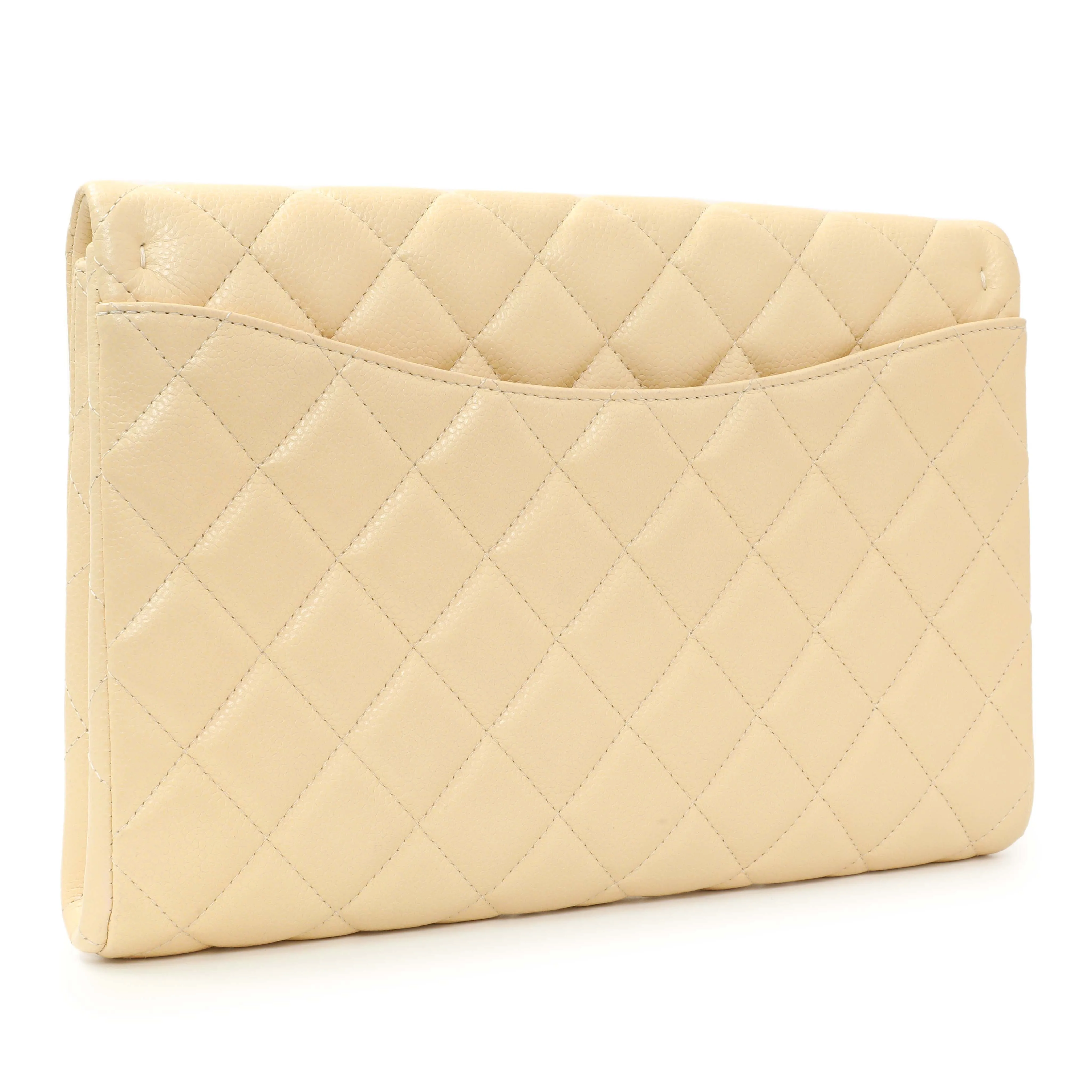 Chanel Beige Quilted Caviar Clutch With Chain Flap