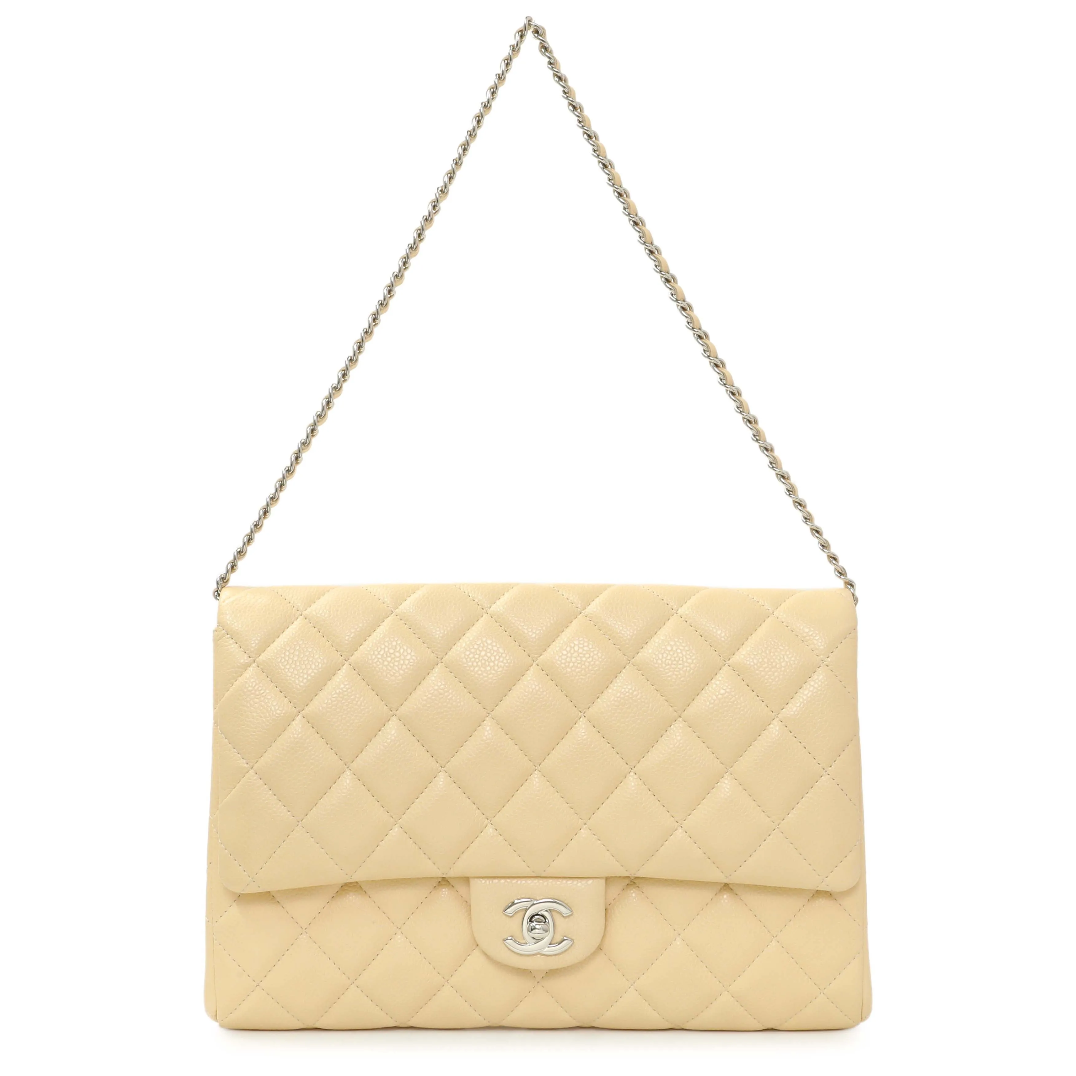 Chanel Beige Quilted Caviar Clutch With Chain Flap