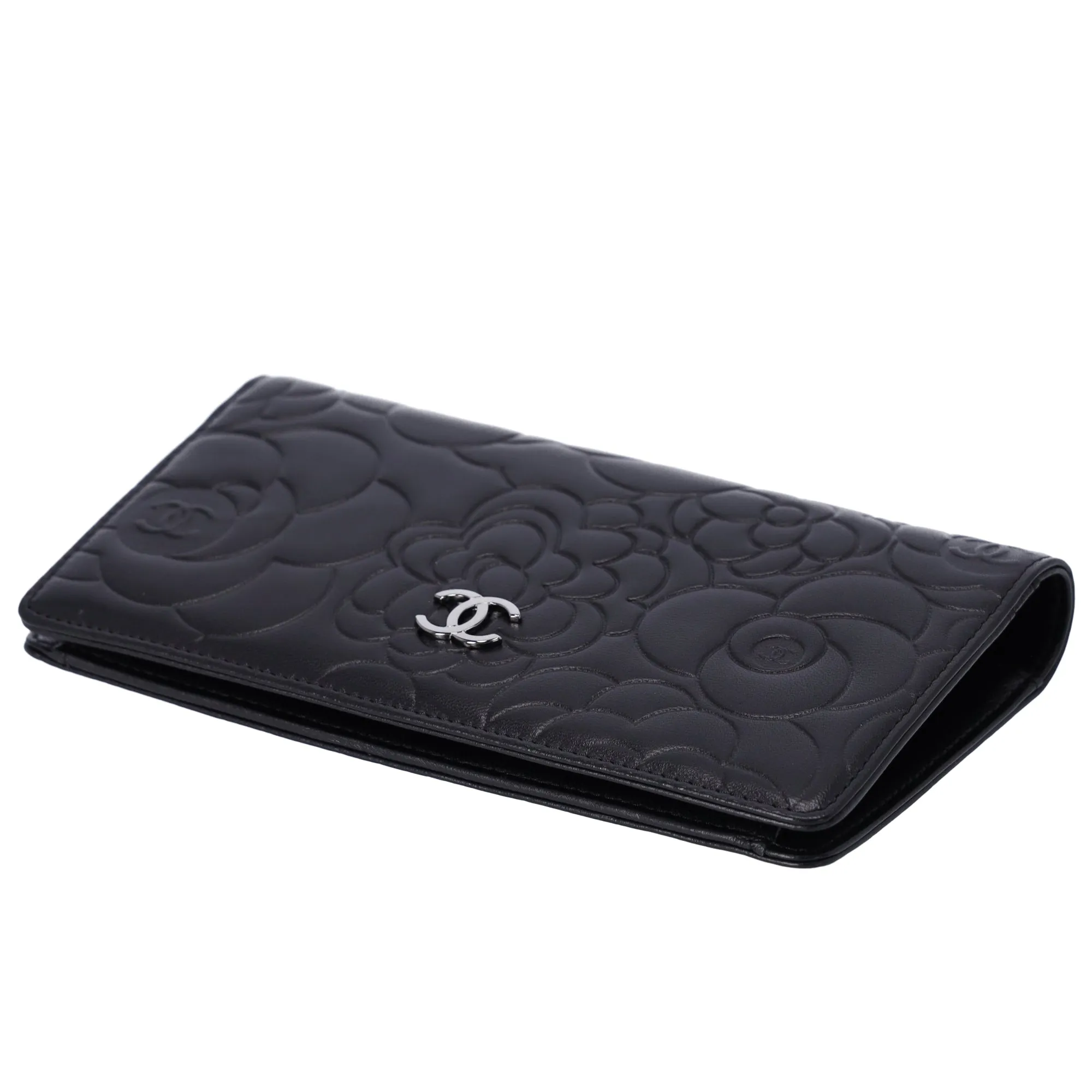 CHANEL Camellia Long Bifold Wallet A36544 Black Lambskin Leather