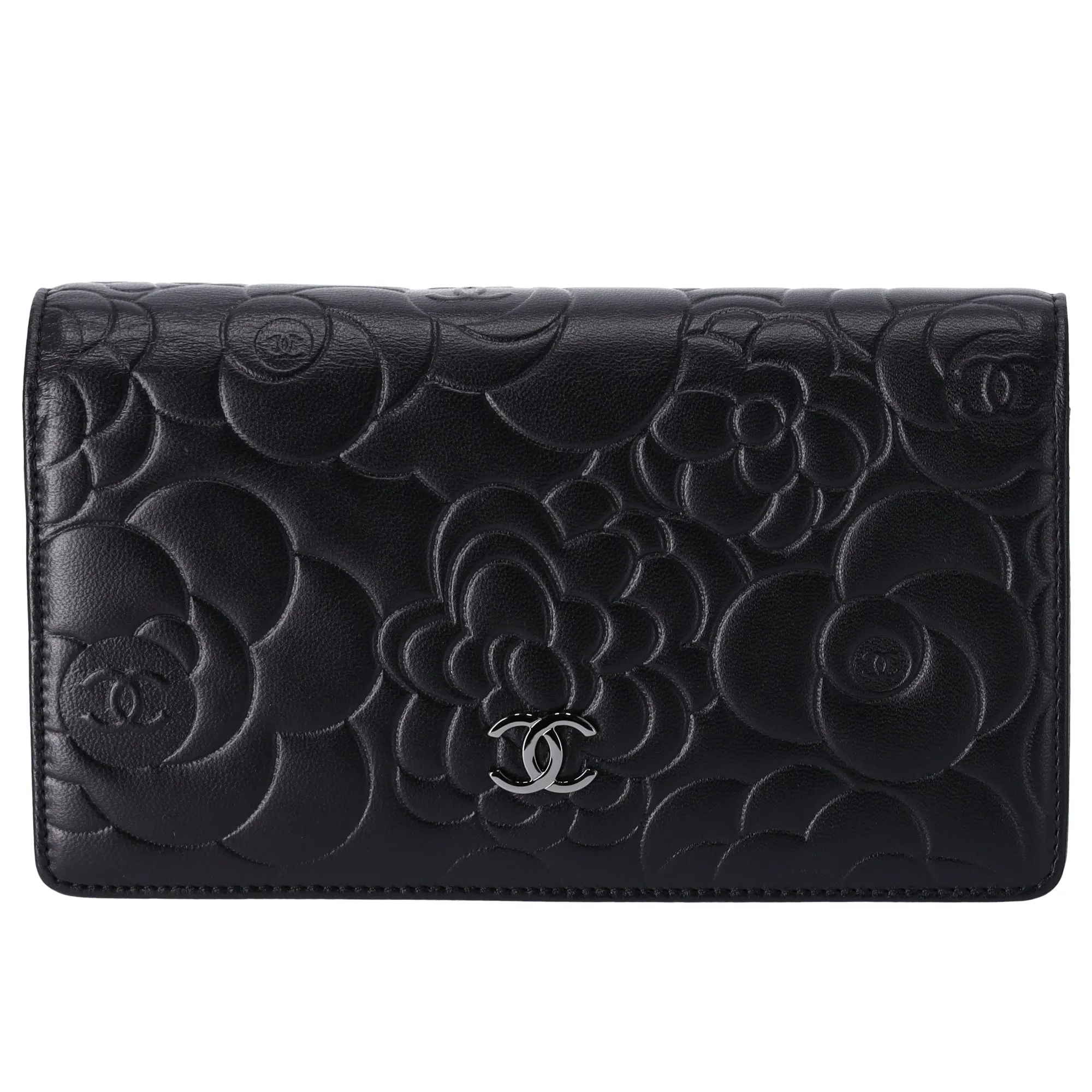 CHANEL Camellia Long Bifold Wallet A36544 Black Lambskin Leather