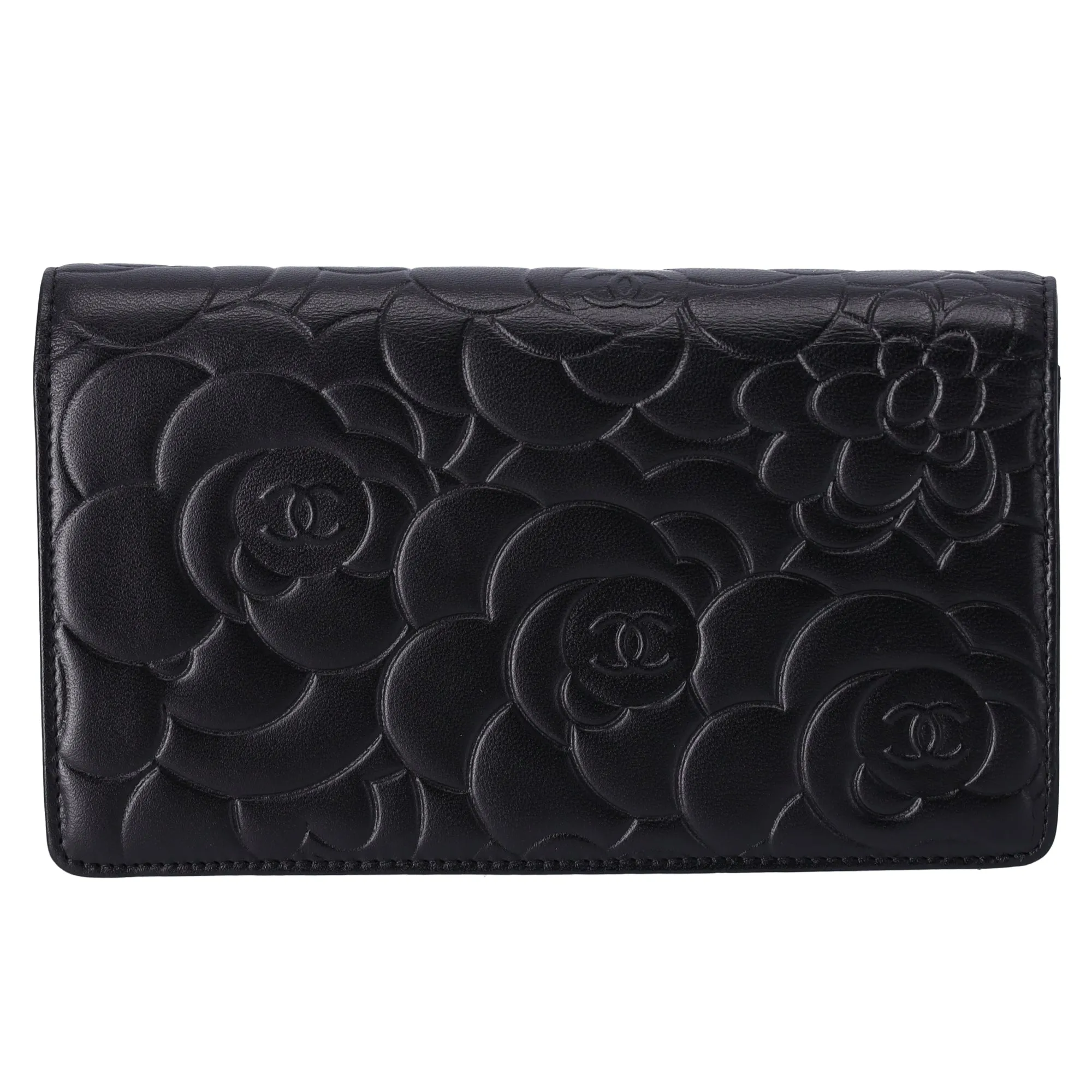 CHANEL Camellia Long Bifold Wallet A36544 Black Lambskin Leather