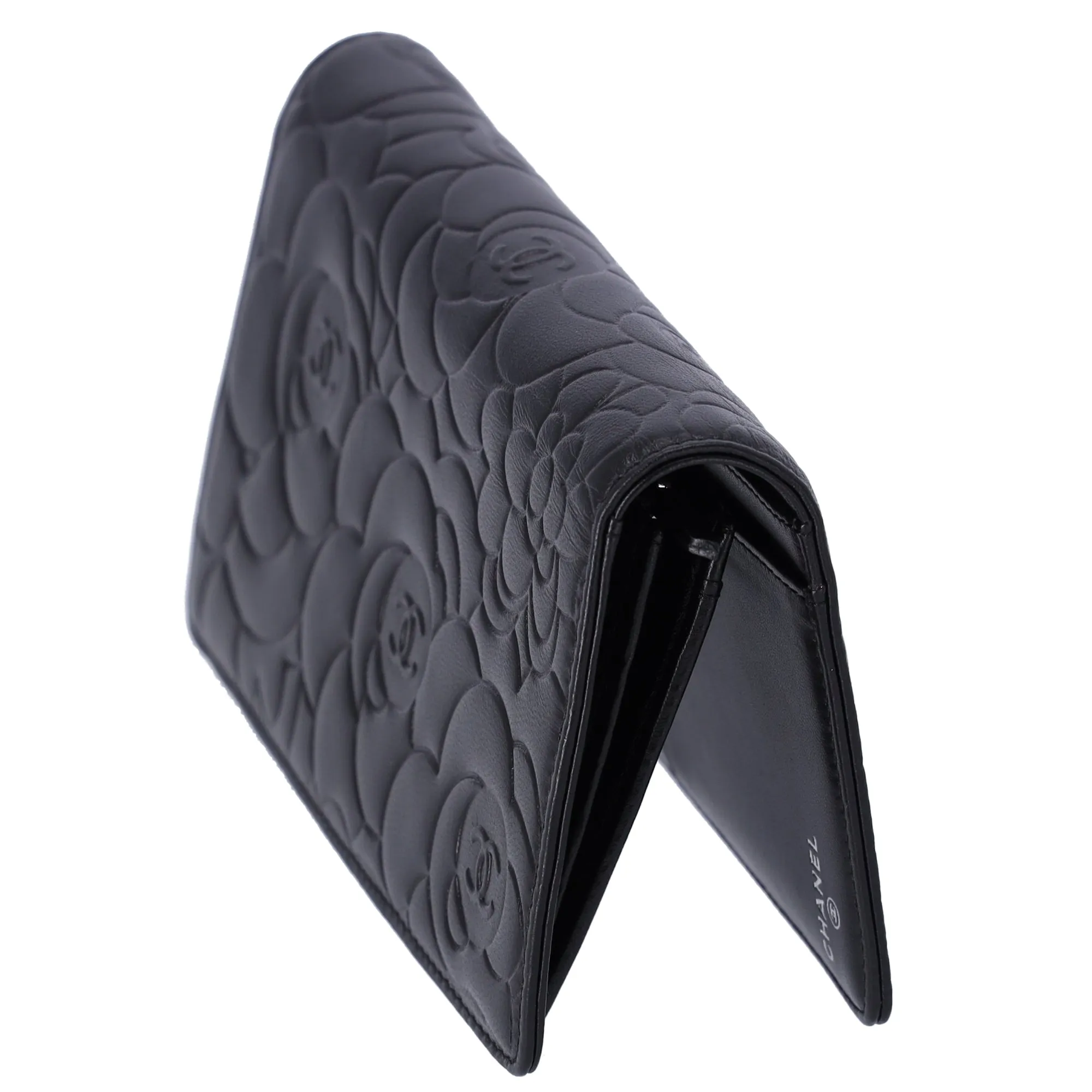 CHANEL Camellia Long Bifold Wallet A36544 Black Lambskin Leather