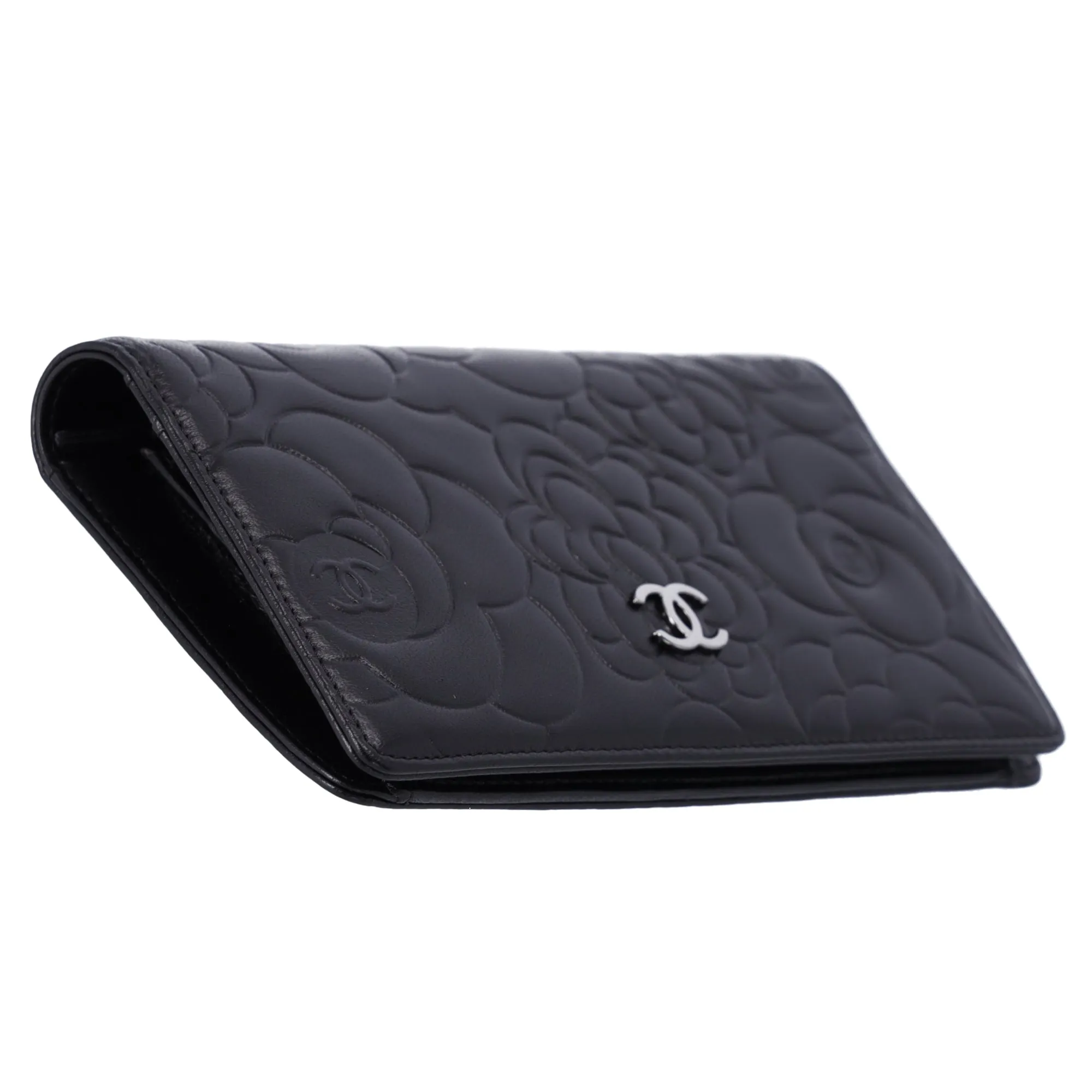 CHANEL Camellia Long Bifold Wallet A36544 Black Lambskin Leather