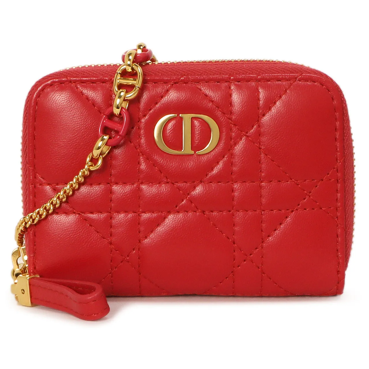 Christian Dior Raspberry Lambskin Cannage Mini Caro Zipped Pouch With Chain