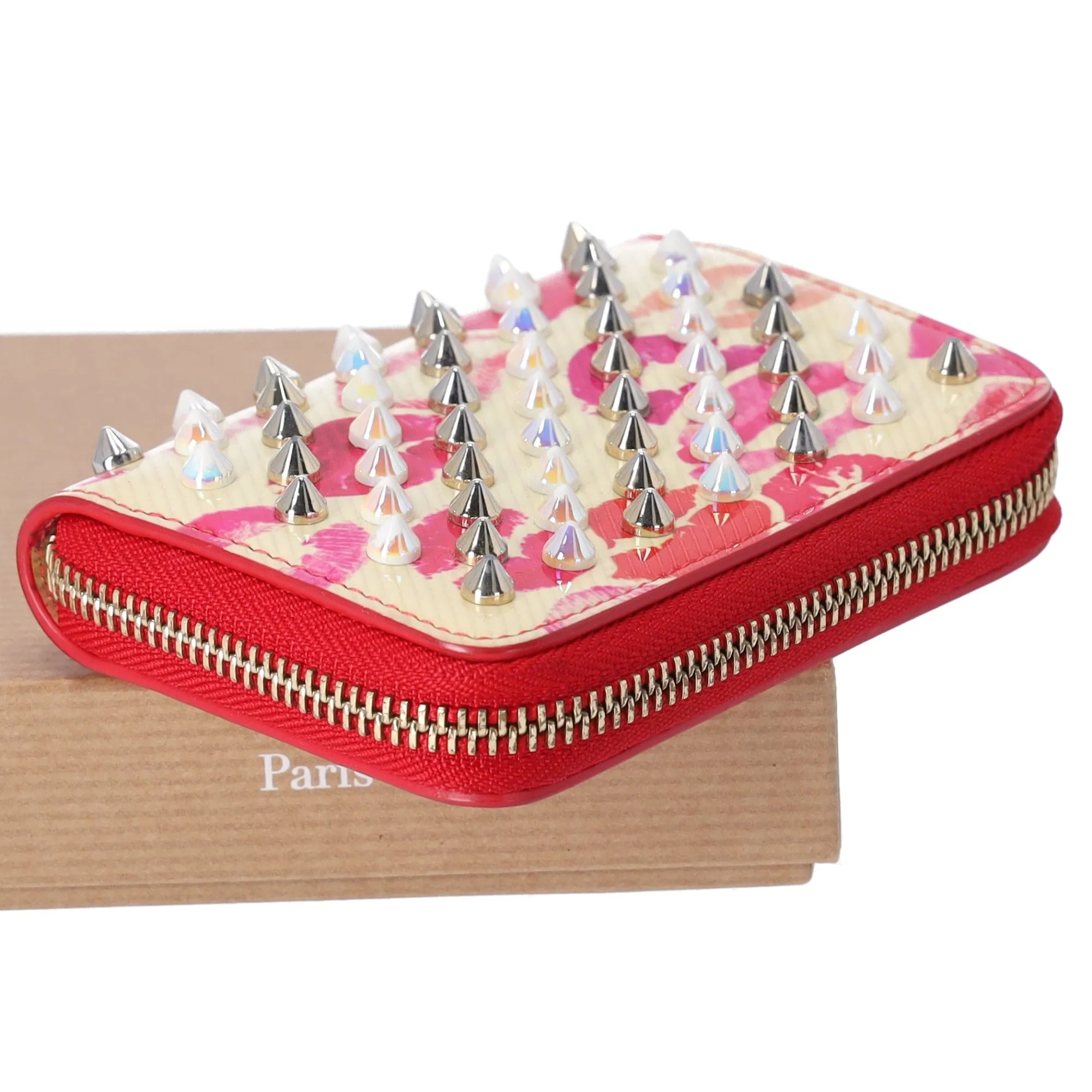 Christian Louboutin Spiked Coin Case Light Yellow Red Multi Patent Leather