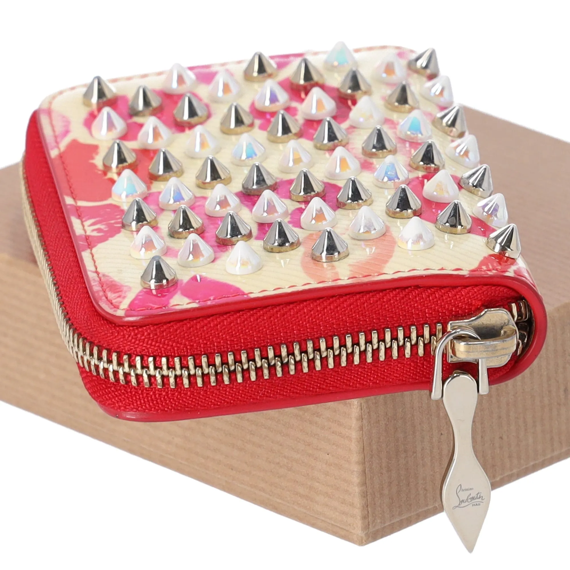 Christian Louboutin Spiked Coin Case Light Yellow Red Multi Patent Leather