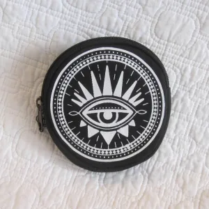 Coin Purse, “Evil Eye” Screen Print, White on Black Cotton, Fair Trade