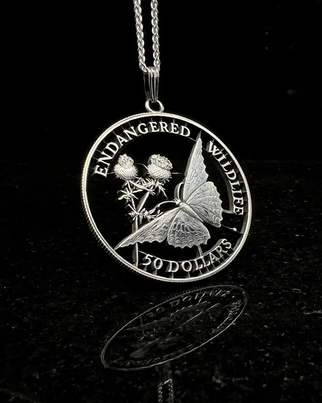 Cook Islands - Silver Cut Coin Pendant with Butterfly