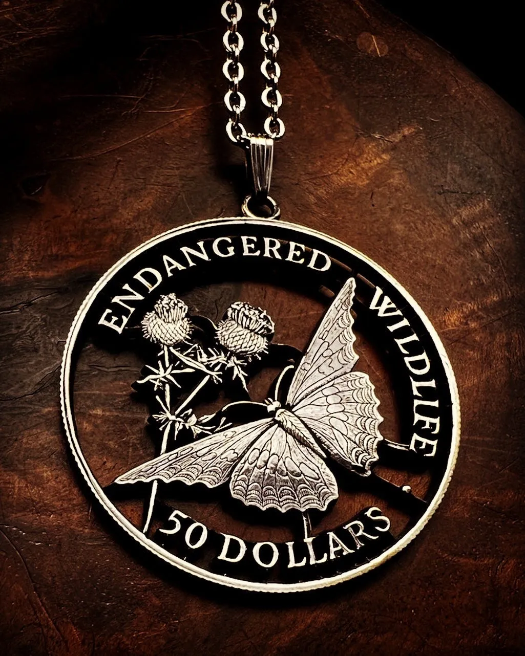 Cook Islands - Silver Cut Coin Pendant with Butterfly
