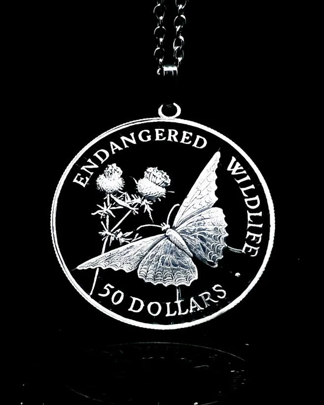 Cook Islands - Silver Cut Coin Pendant with Butterfly