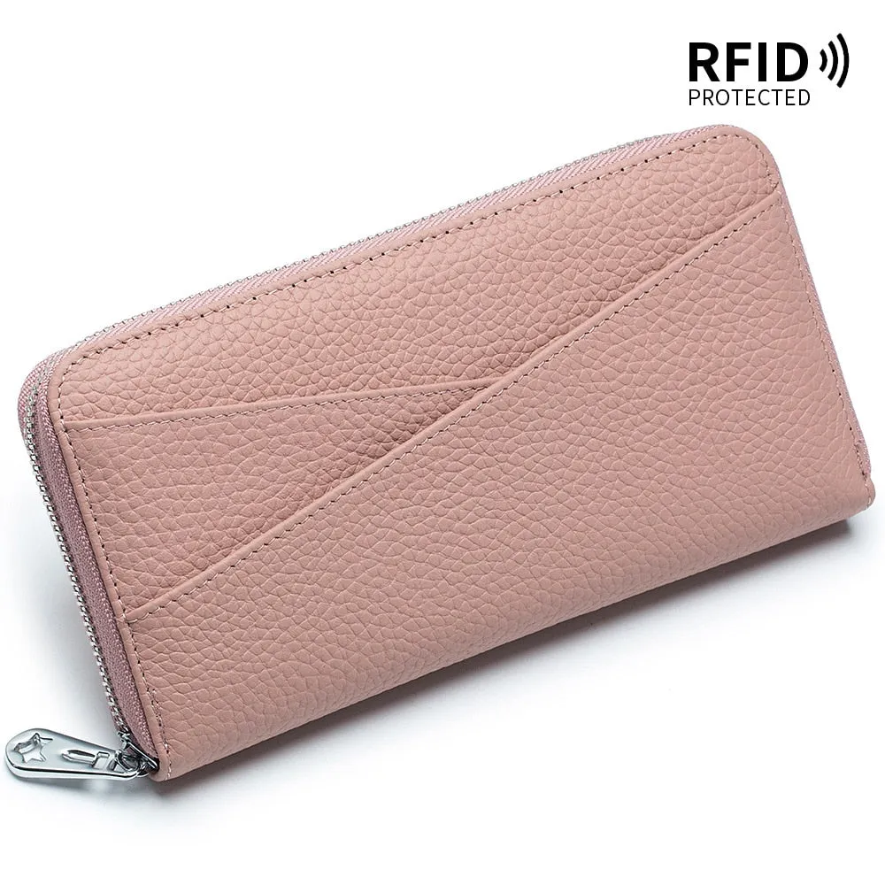 Cyflymder New Women Genuine Leather Wallets Female Long RFID Folding Purses Fashion Soft Cowhide Wallet Phone Purse Coin Bag Card Holders